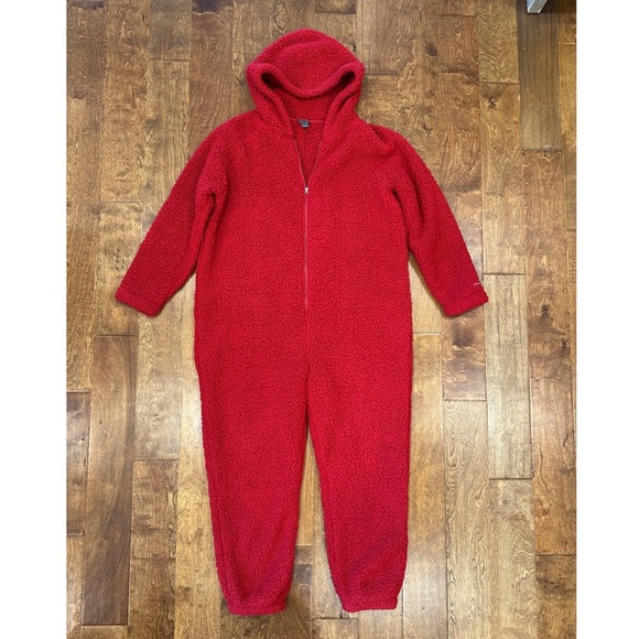 Eddie Bauer Plush Camp Suit Hooded Jumpsuit Sz L Sherpa Fleece Red Teddy Bear - Picture 14 of 15